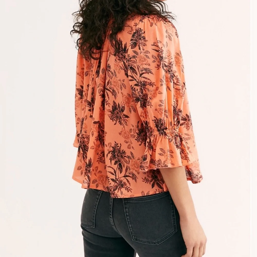 FREE PEOPLE Claudia Floral Blouse Large Black Ivory High Neck 3/4 Sleeve‎ Loose